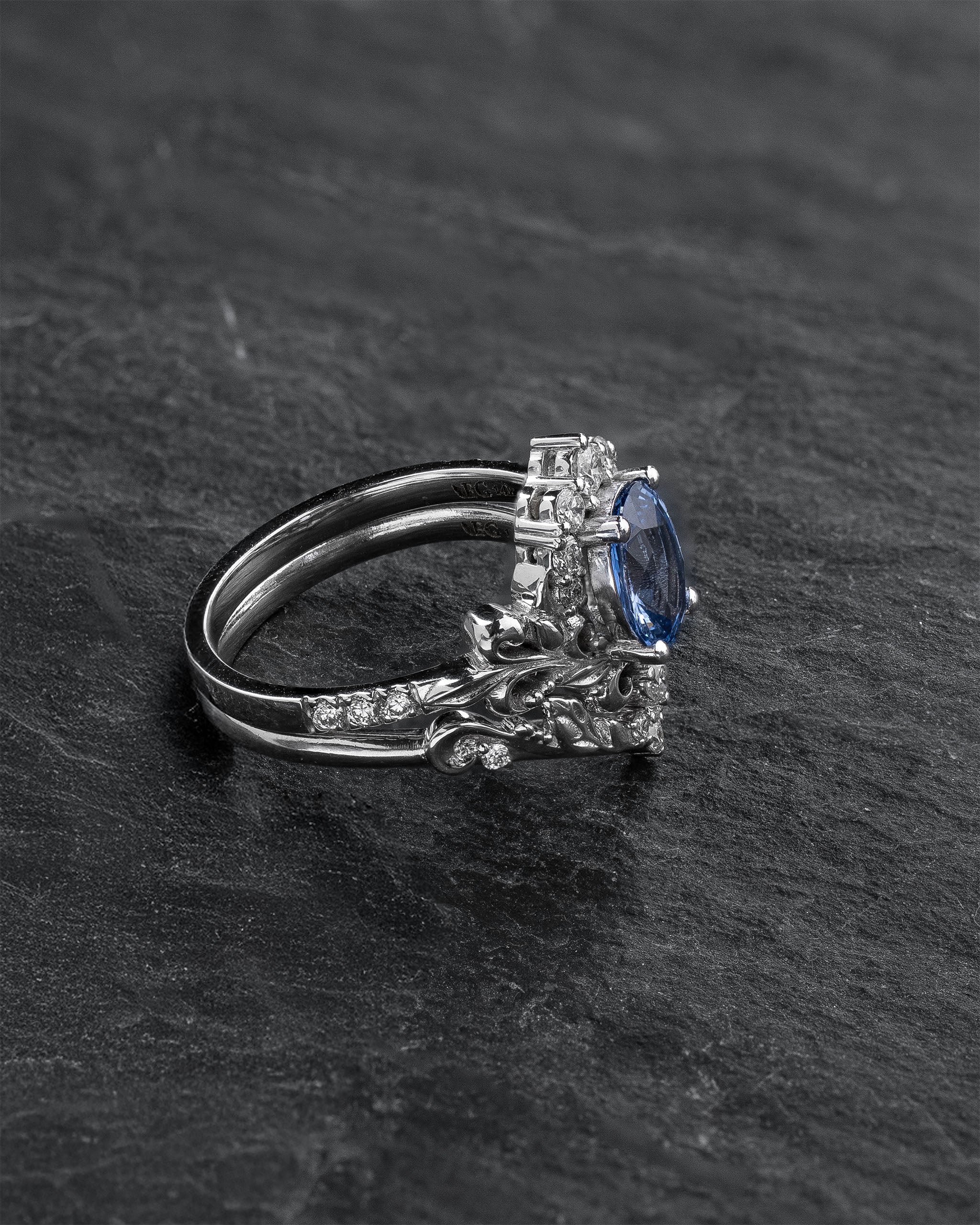 Bridal Set with Oval Blue (Natural) Sapphire and Diamond Crown / Sophie - Eden Garden Jewelry™