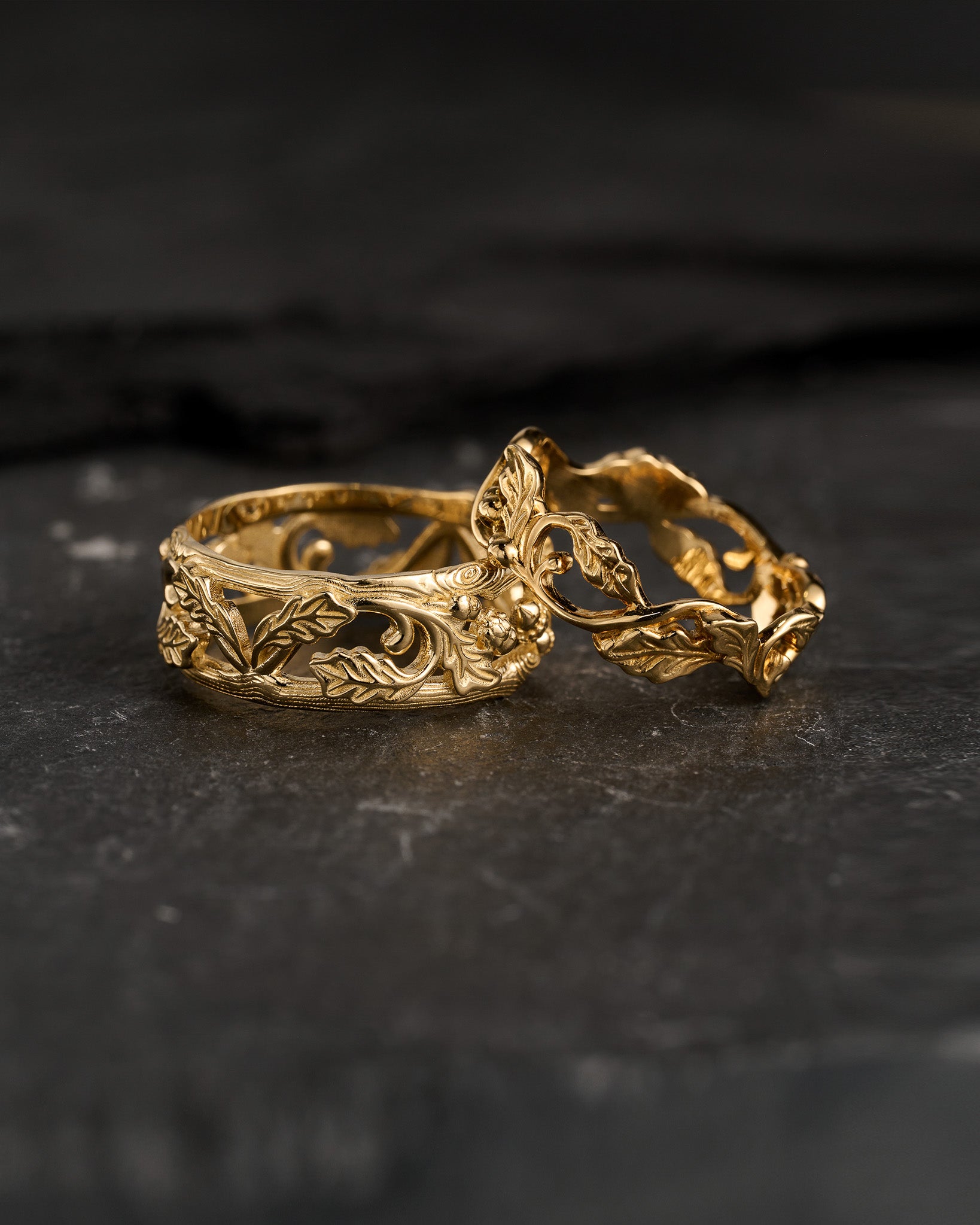 Oak leaves and acorns rings set, wedding bands for couple / ver2 - Eden Garden Jewelry™