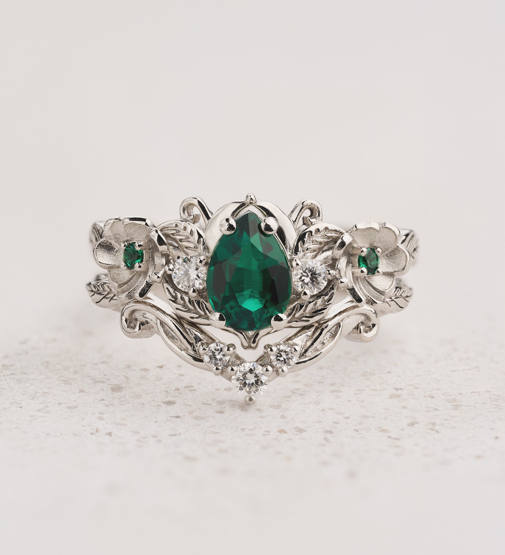 Lab emerald engagement ring with lovely flowers and diamonds / Adelina - Eden Garden Jewelry™
