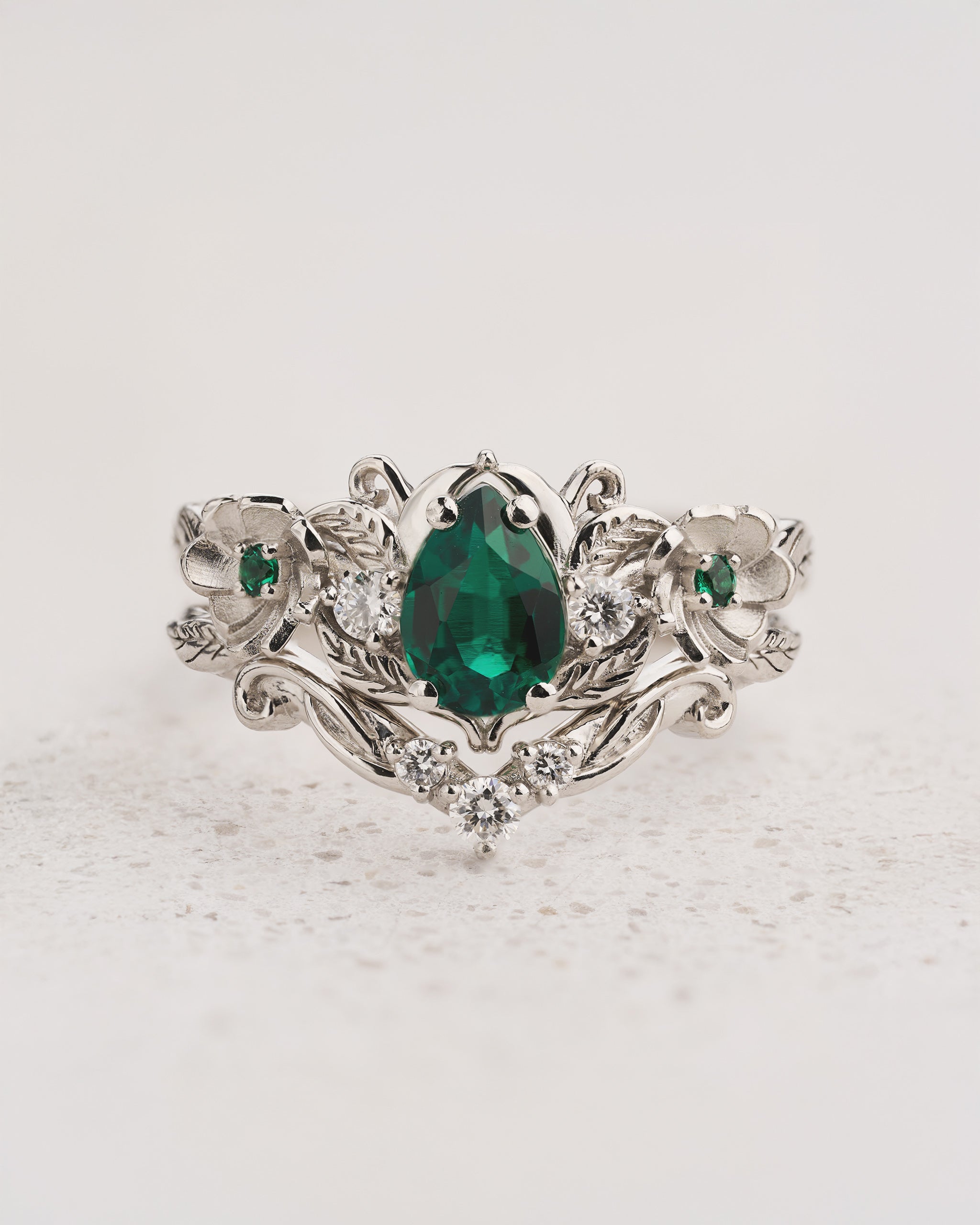 Lab emerald engagement ring with lovely flowers and diamonds / Adelina - Eden Garden Jewelry™