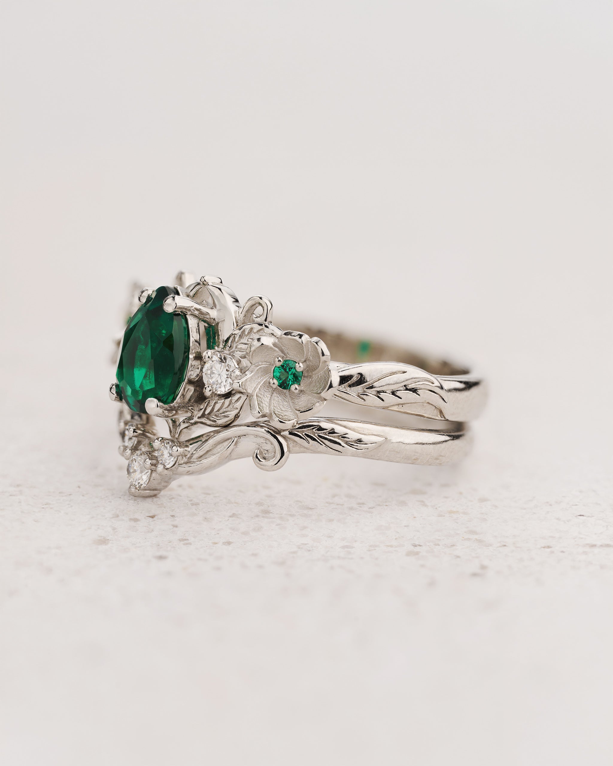 Lab emerald engagement ring with lovely flowers and diamonds / Adelina - Eden Garden Jewelry™