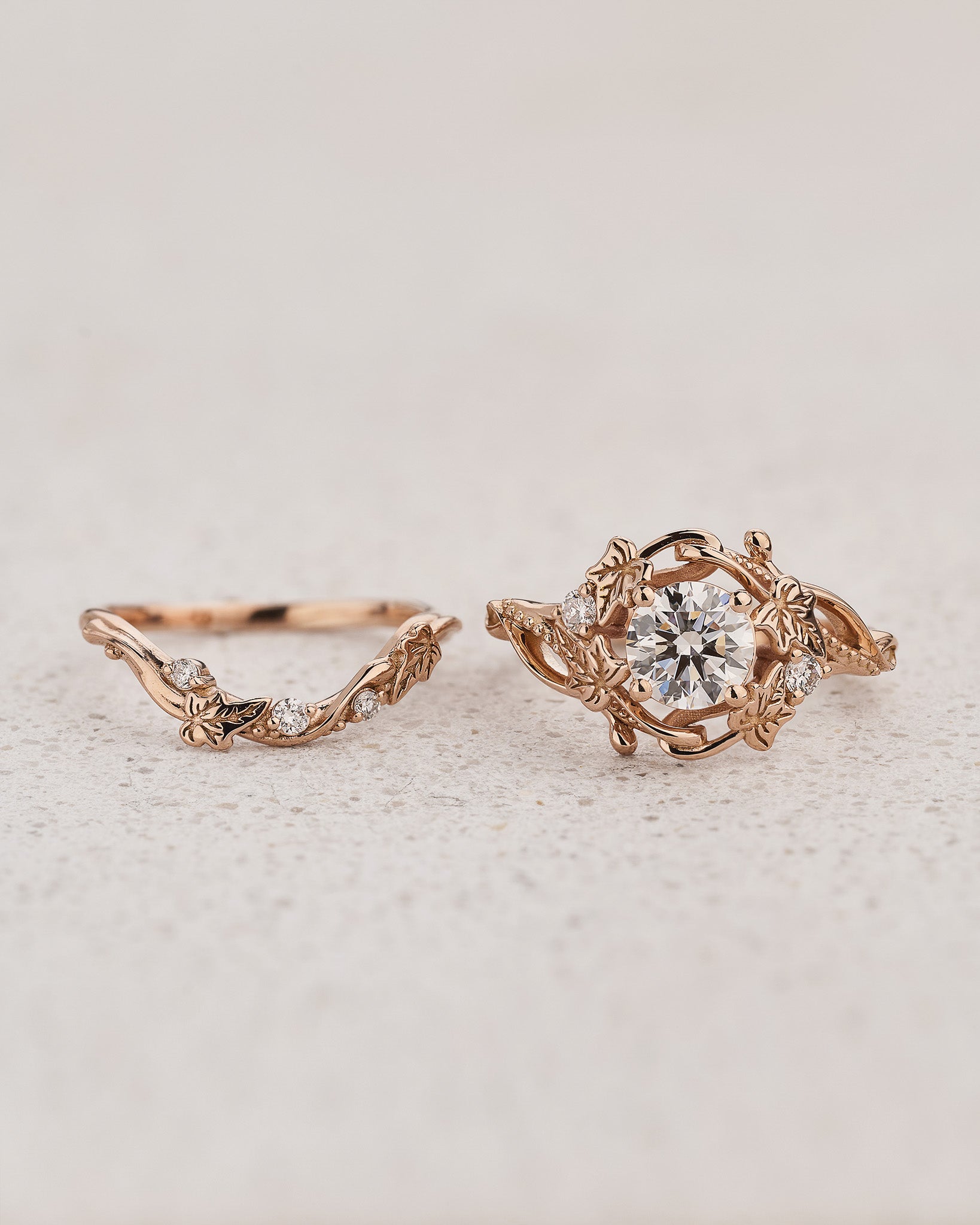 Bridal Set in Art Nouveau Style with Round Diamond / Undina Ivy - Eden Garden Jewelry™