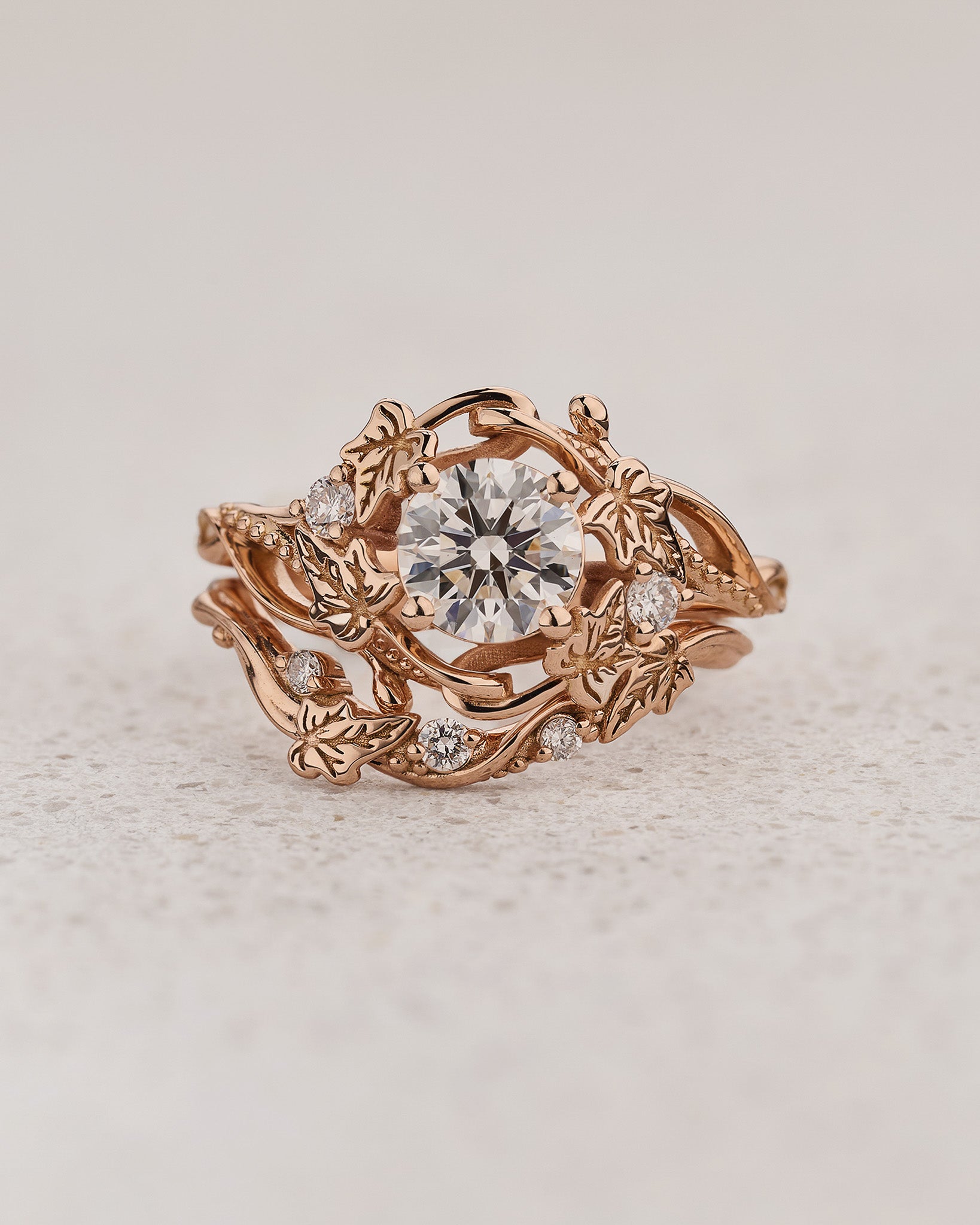 Bridal Set in Art Nouveau Style with Round Diamond / Undina Ivy - Eden Garden Jewelry™