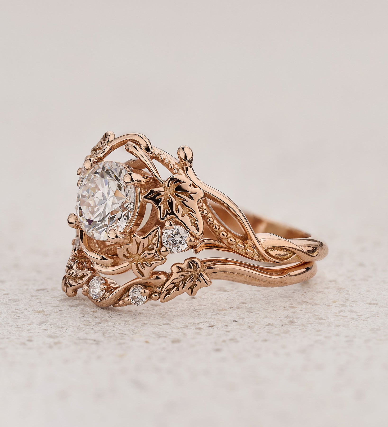 Bridal Set in Art Nouveau Style with Round Diamond / Undina Ivy - Eden Garden Jewelry™