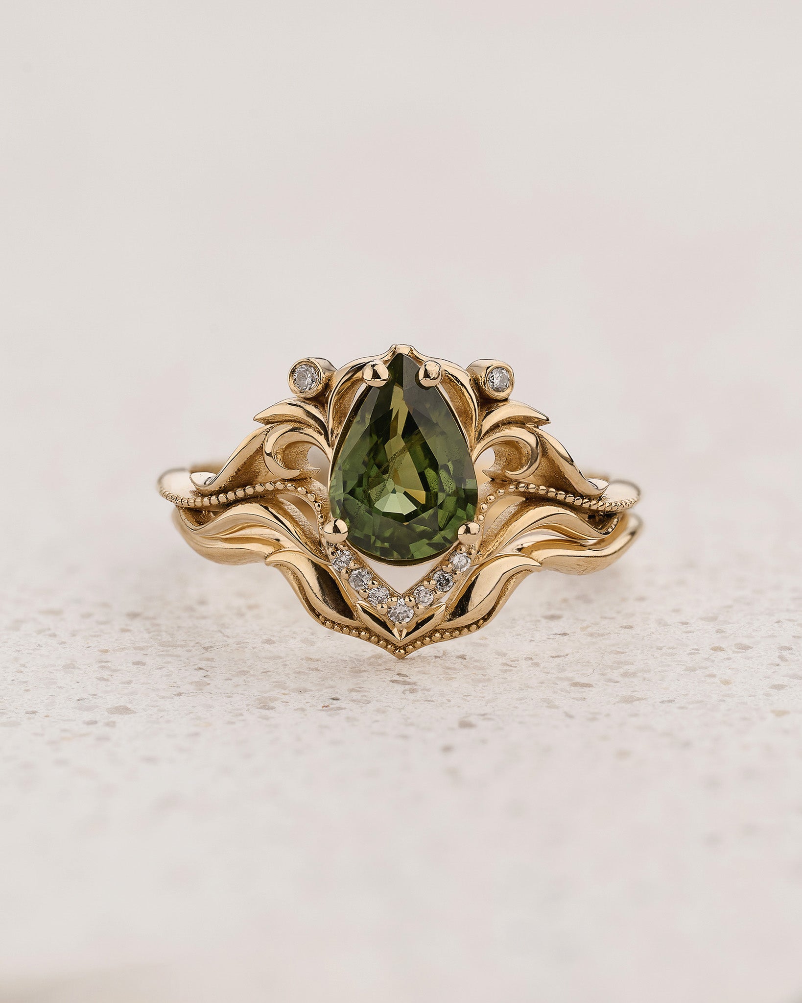 Art Nouveau Engagement Ring with Pear-Cut Green Sapphire / Lida - Eden Garden Jewelry™