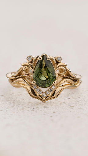 Art Nouveau Bridal Set with Pear-Cut Green Sapphire / Lida - Eden Garden Jewelry™