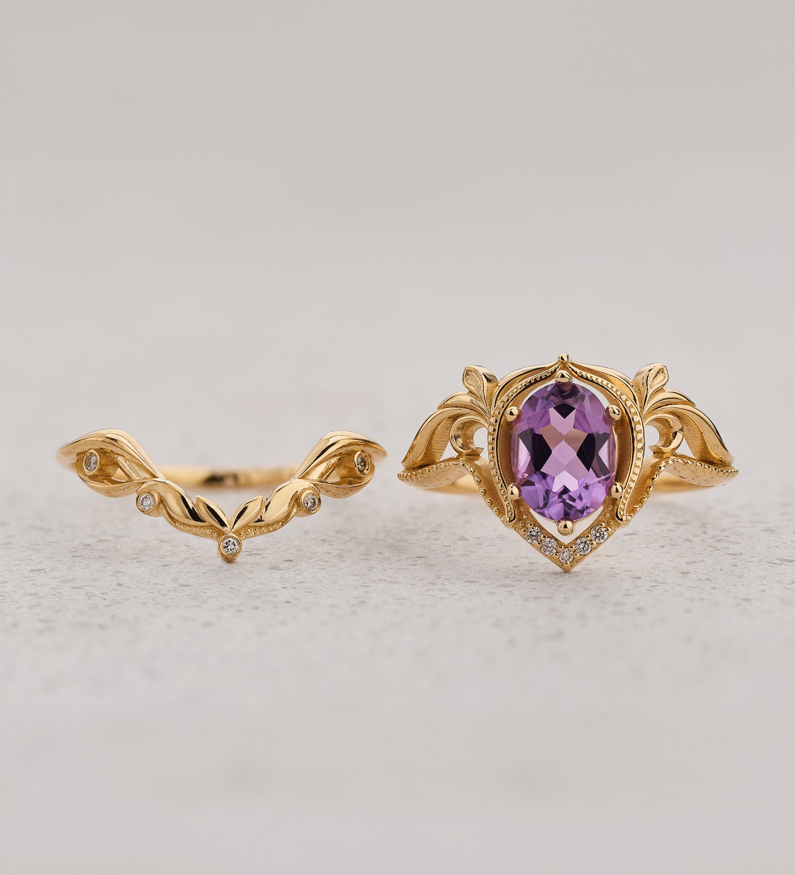 Ornate engagement ring set with amethyst, vintage inspired gold rings / Lida - Eden Garden Jewelry™