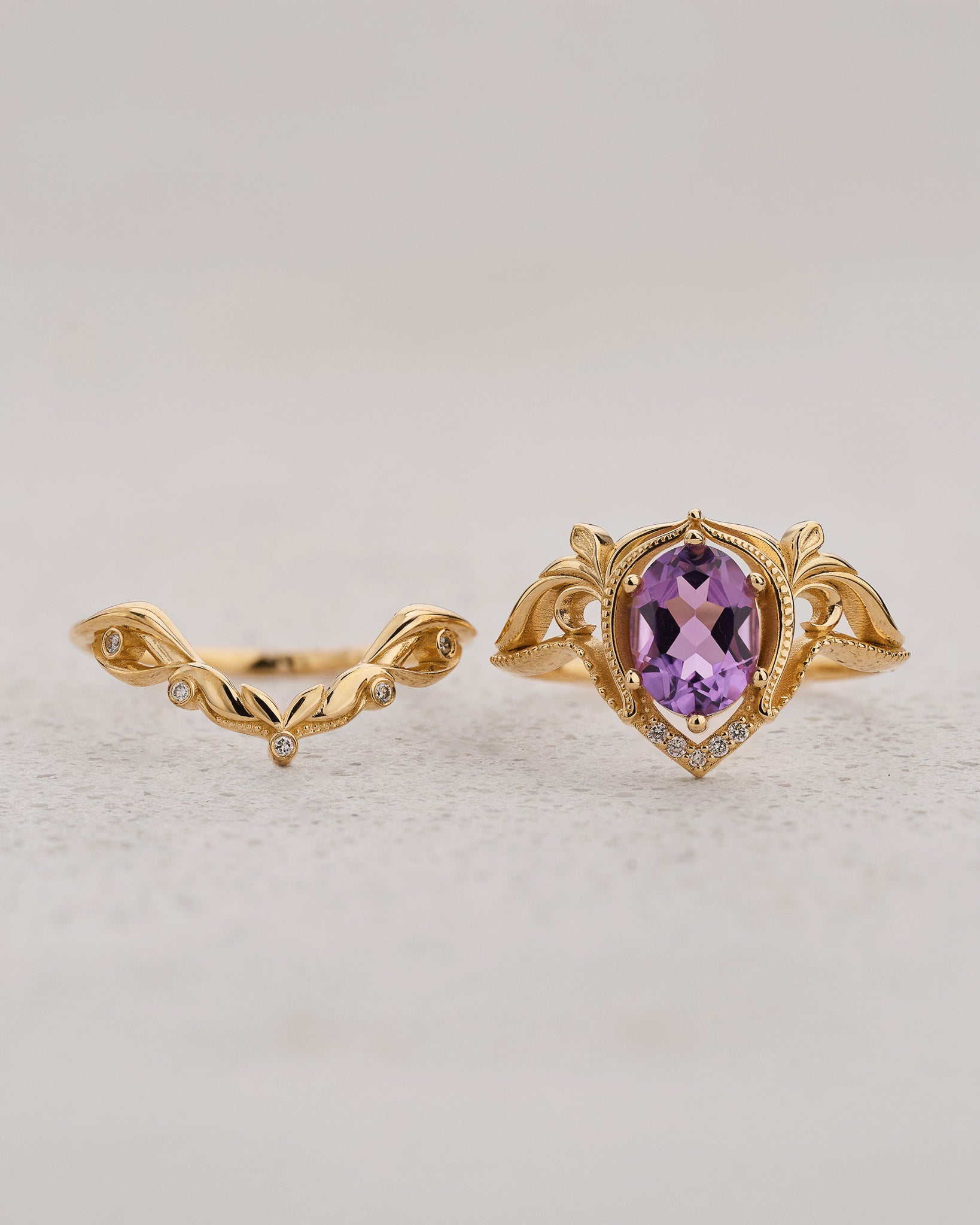 Ornate engagement ring set with amethyst, vintage inspired gold rings / Lida - Eden Garden Jewelry™