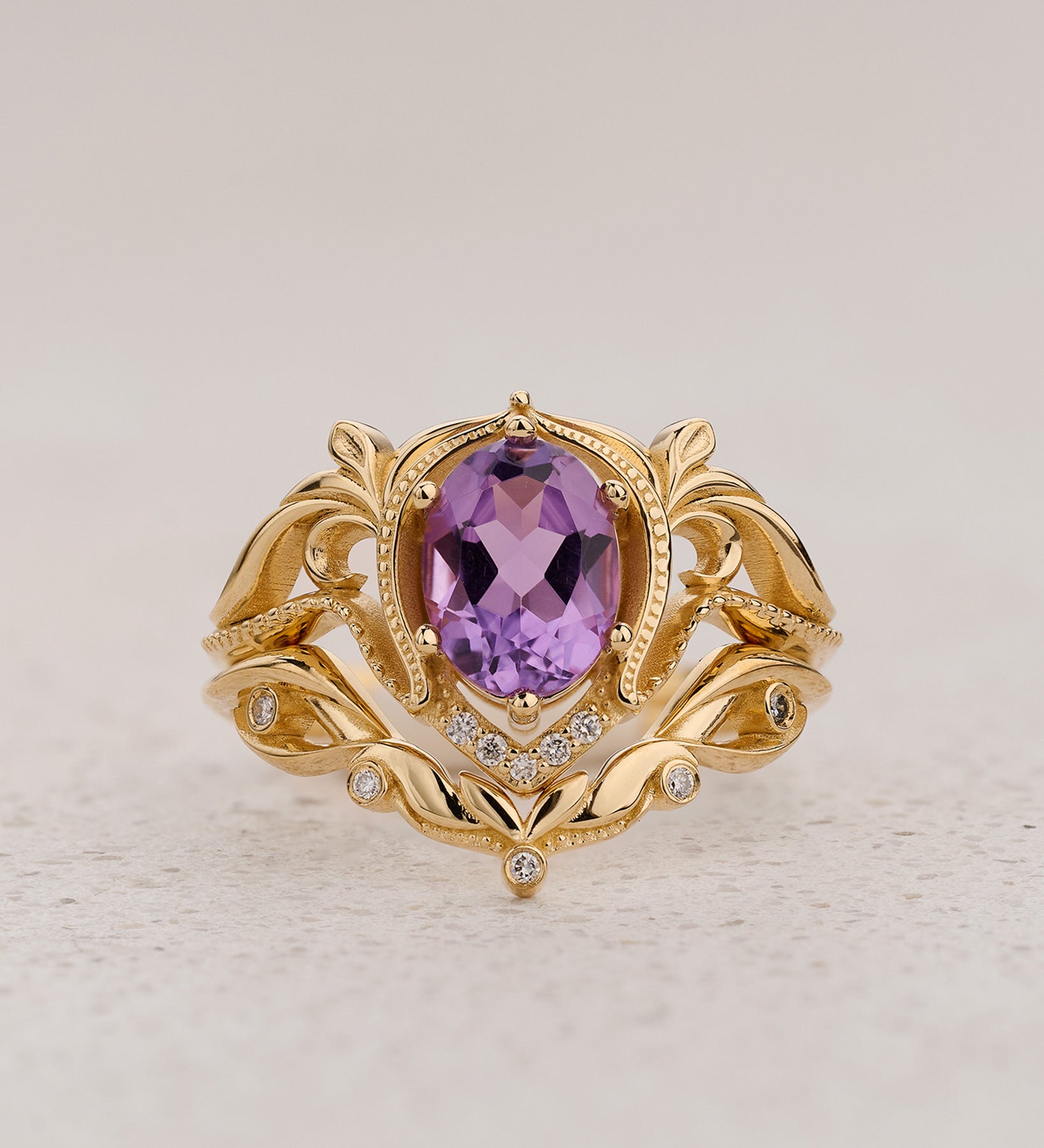 Ornate engagement ring set with amethyst, vintage inspired gold rings / Lida - Eden Garden Jewelry™