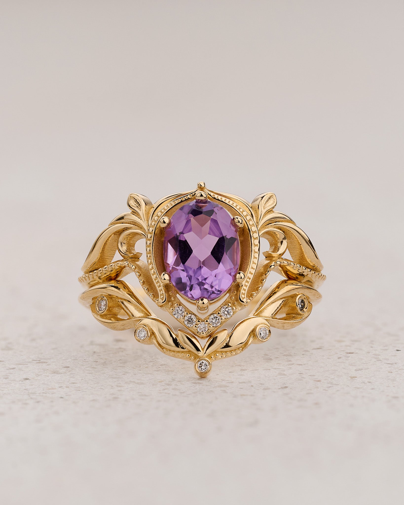 Ornate engagement ring set with amethyst, vintage inspired gold rings / Lida - Eden Garden Jewelry™