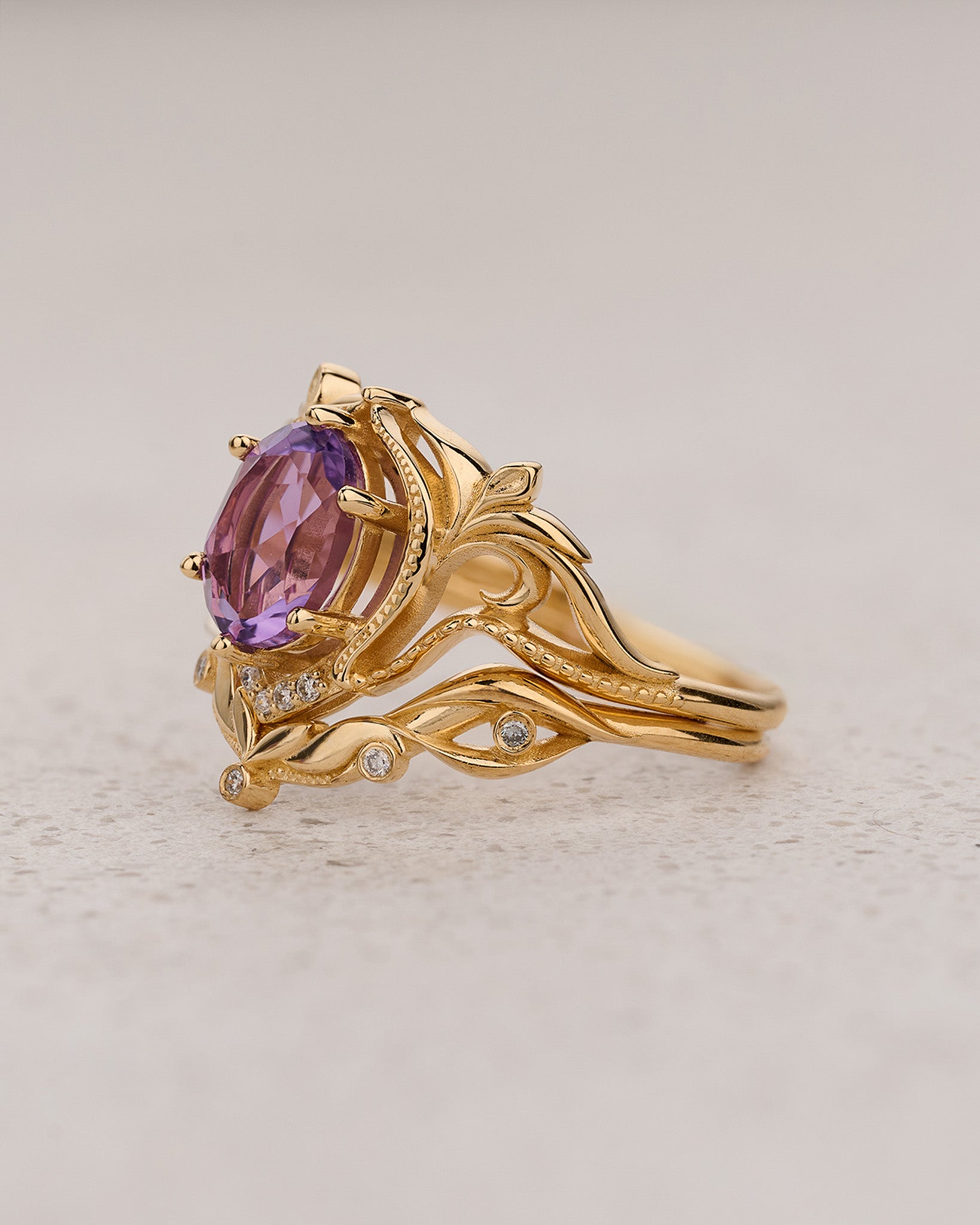 Ornate engagement ring set with amethyst, vintage inspired gold rings / Lida - Eden Garden Jewelry™