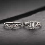 Bridal Set with Emerald-Cut Diamond and Leaf Design / Freesia - Eden Garden Jewelry™