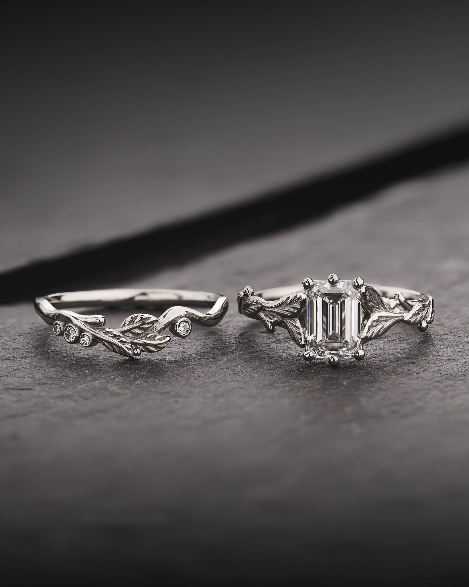 Bridal Set with Emerald-Cut Diamond and Leaf Design / Freesia - Eden Garden Jewelry™