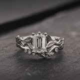 Bridal Set with Emerald-Cut Diamond and Leaf Design / Freesia - Eden Garden Jewelry™