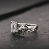 Bridal Set with Emerald-Cut Diamond and Leaf Design / Freesia - Eden Garden Jewelry™