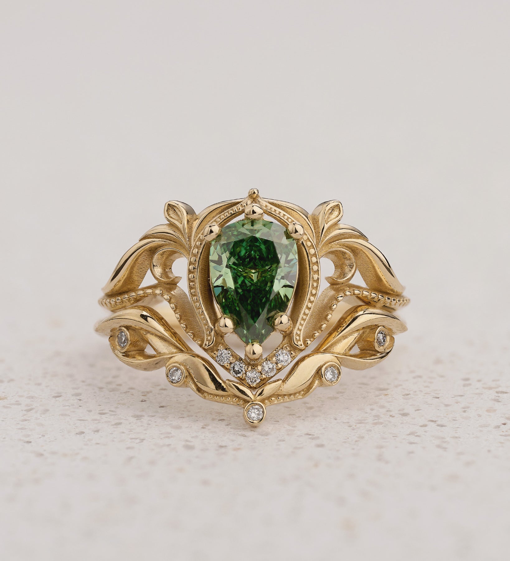Art Nouveau Bridal Set with Pear-Cut Green Diamond / Lida - Eden Garden Jewelry™