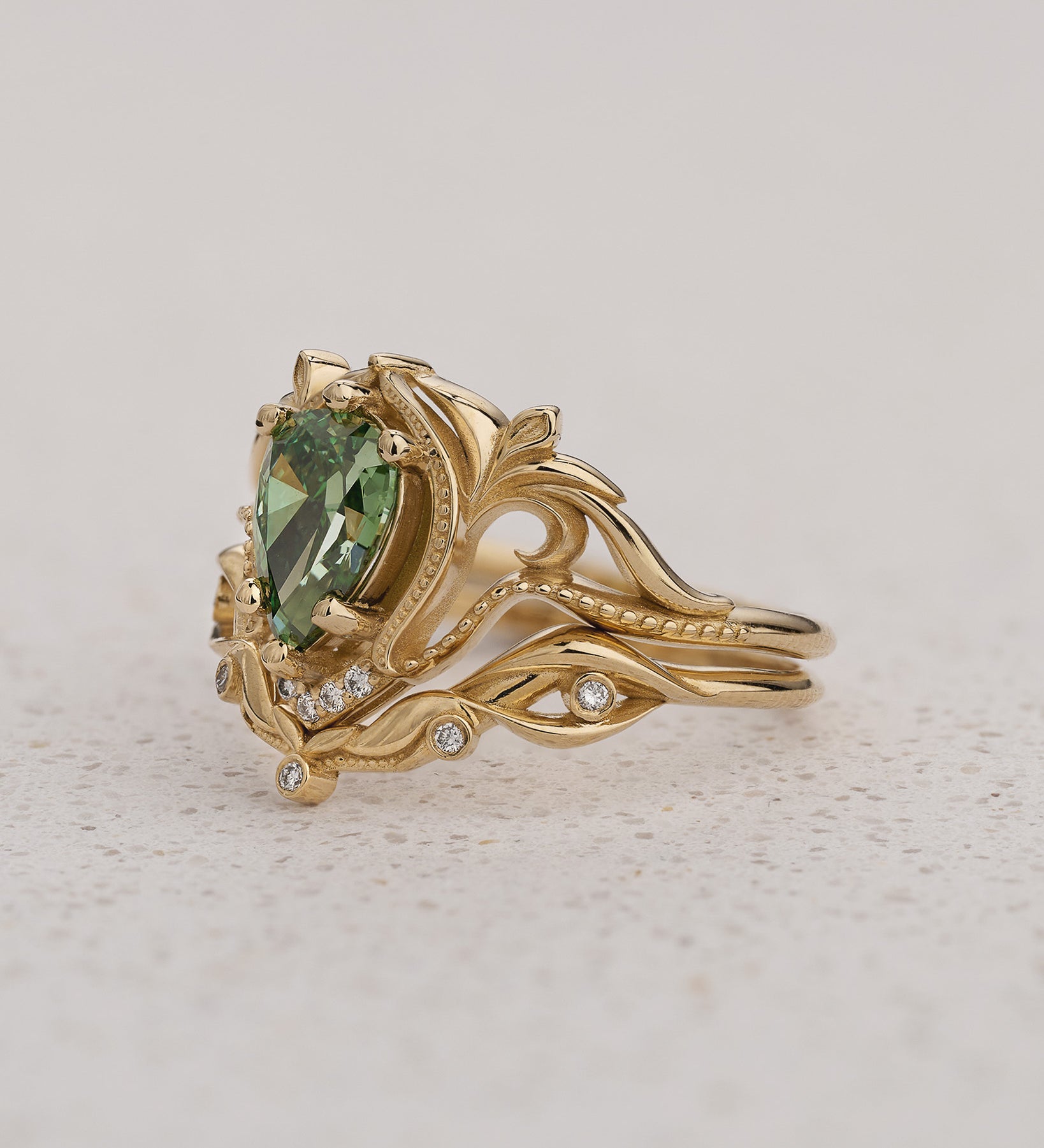 Art Nouveau Bridal Set with Pear-Cut Green Diamond / Lida - Eden Garden Jewelry™