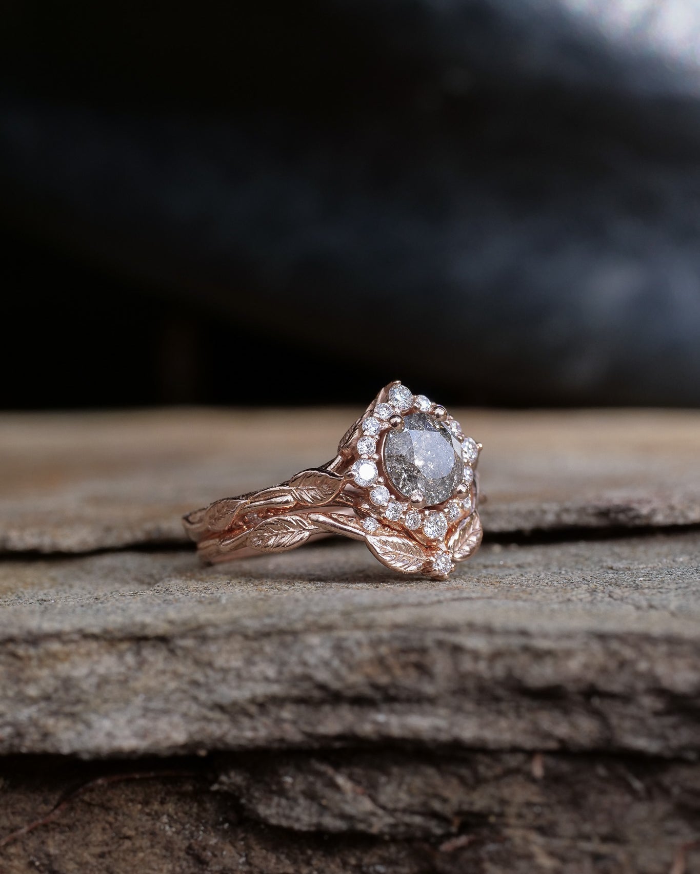 Salt & pepper diamond halo bridal set in rose vine design / Florentina - Eden Garden Jewelry™