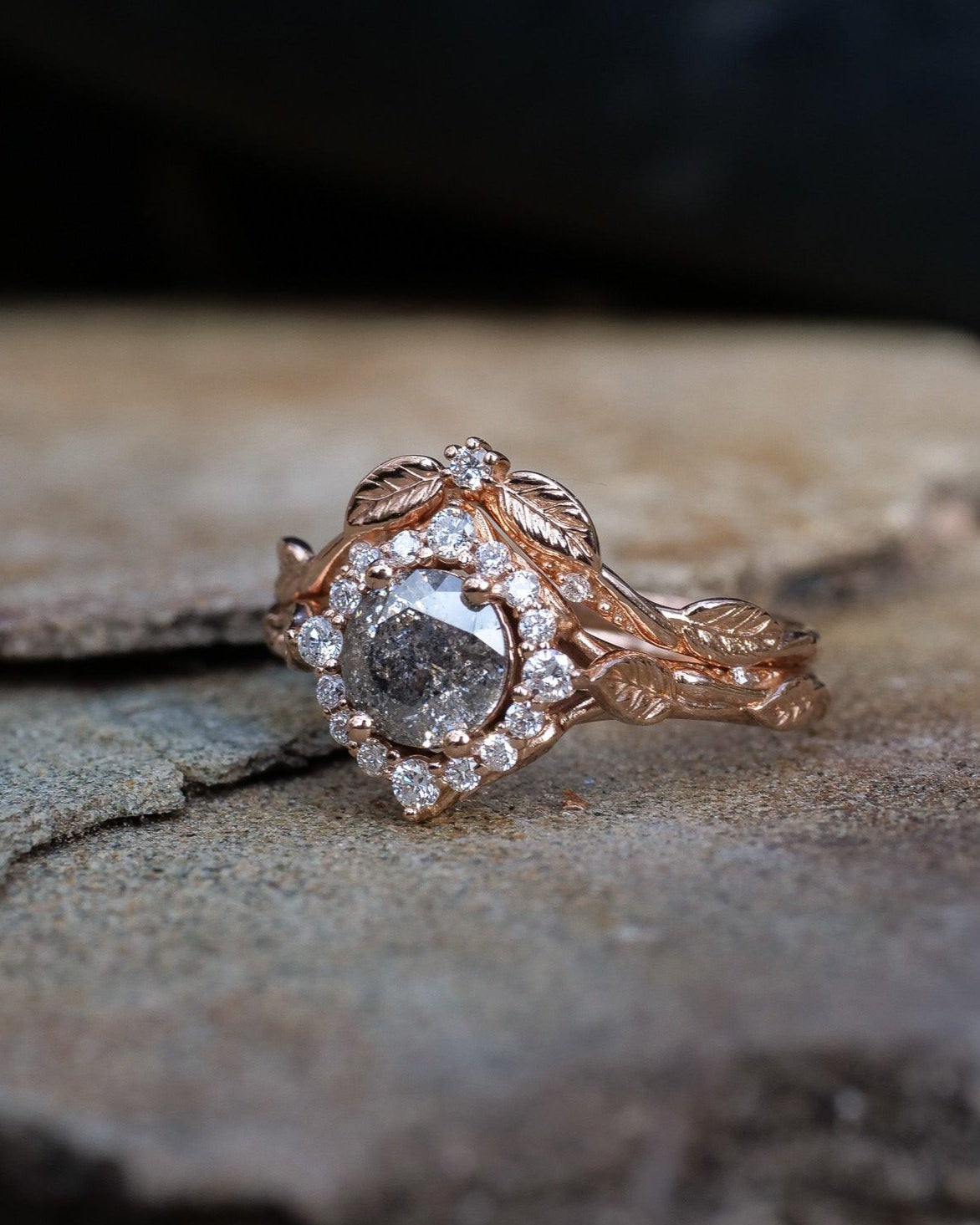 Salt & pepper diamond halo bridal set in rose vine design / Florentina - Eden Garden Jewelry™