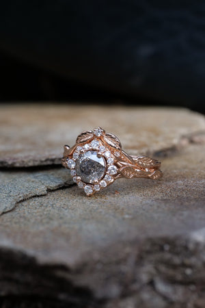 Rose vine inspired halo engagement ring with salt & pepper diamond / Florentina