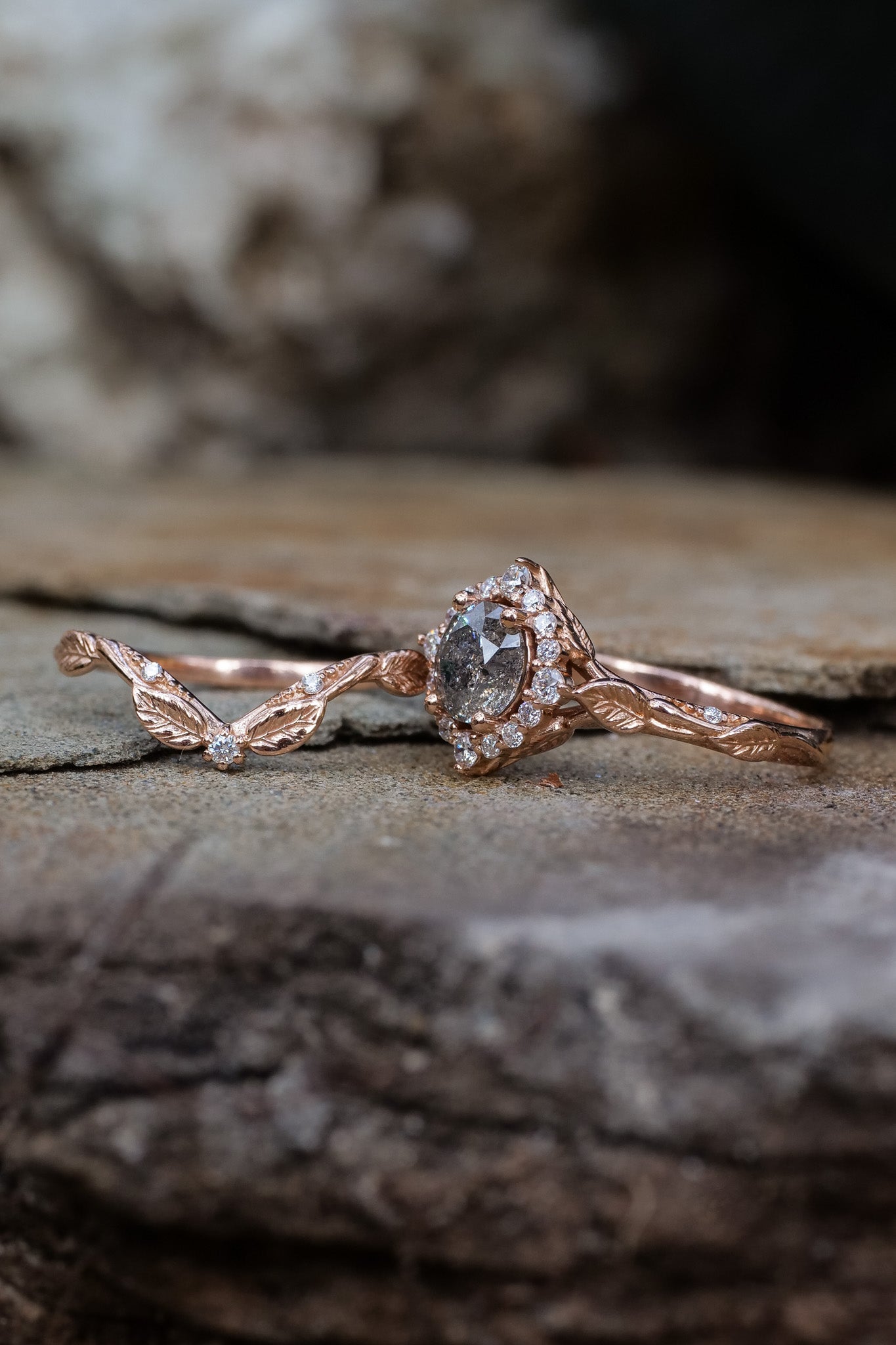 Rose vine inspired halo engagement ring with salt & pepper diamond / Florentina