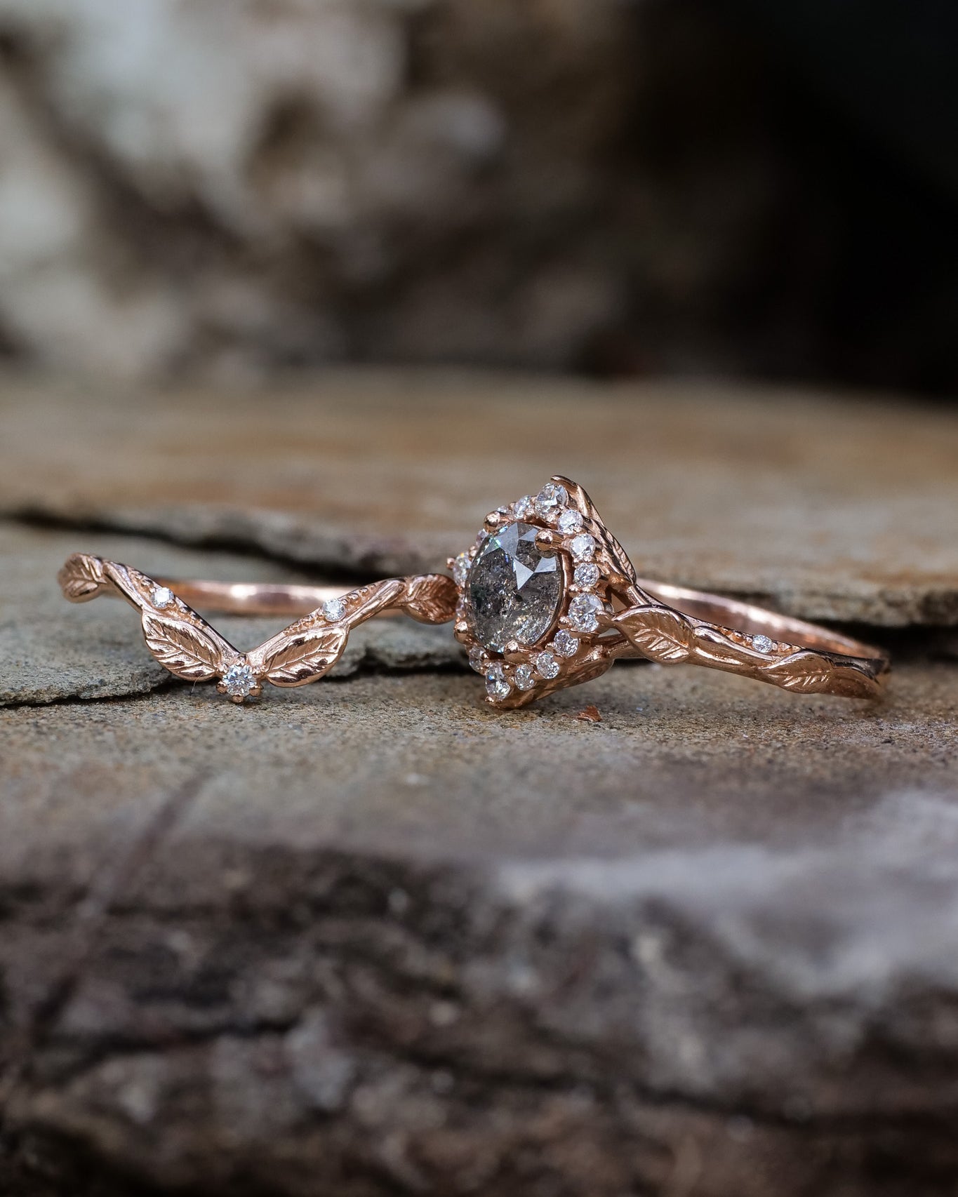 Salt & pepper diamond halo bridal set in rose vine design / Florentina - Eden Garden Jewelry™
