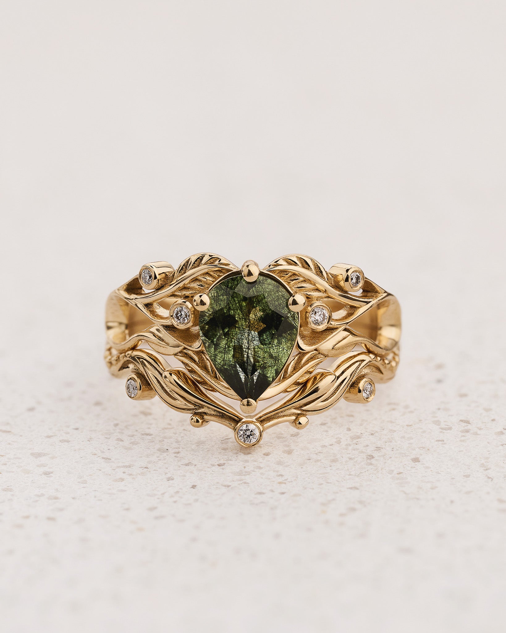 Unique rutile peridot bridal ring set, alternative promise ring with diamonds / Callisto - Eden Garden Jewelry™