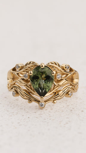 Unique rutile peridot bridal ring set, alternative promise ring with diamonds / Callisto - Eden Garden Jewelry™
