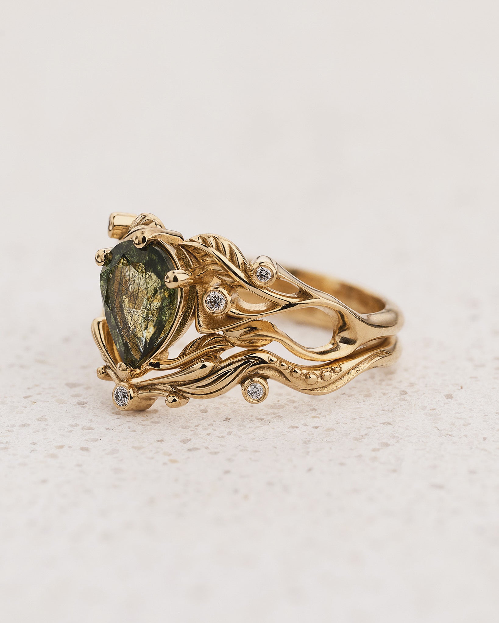 Unique rutile peridot bridal ring set, alternative promise ring with diamonds / Callisto - Eden Garden Jewelry™