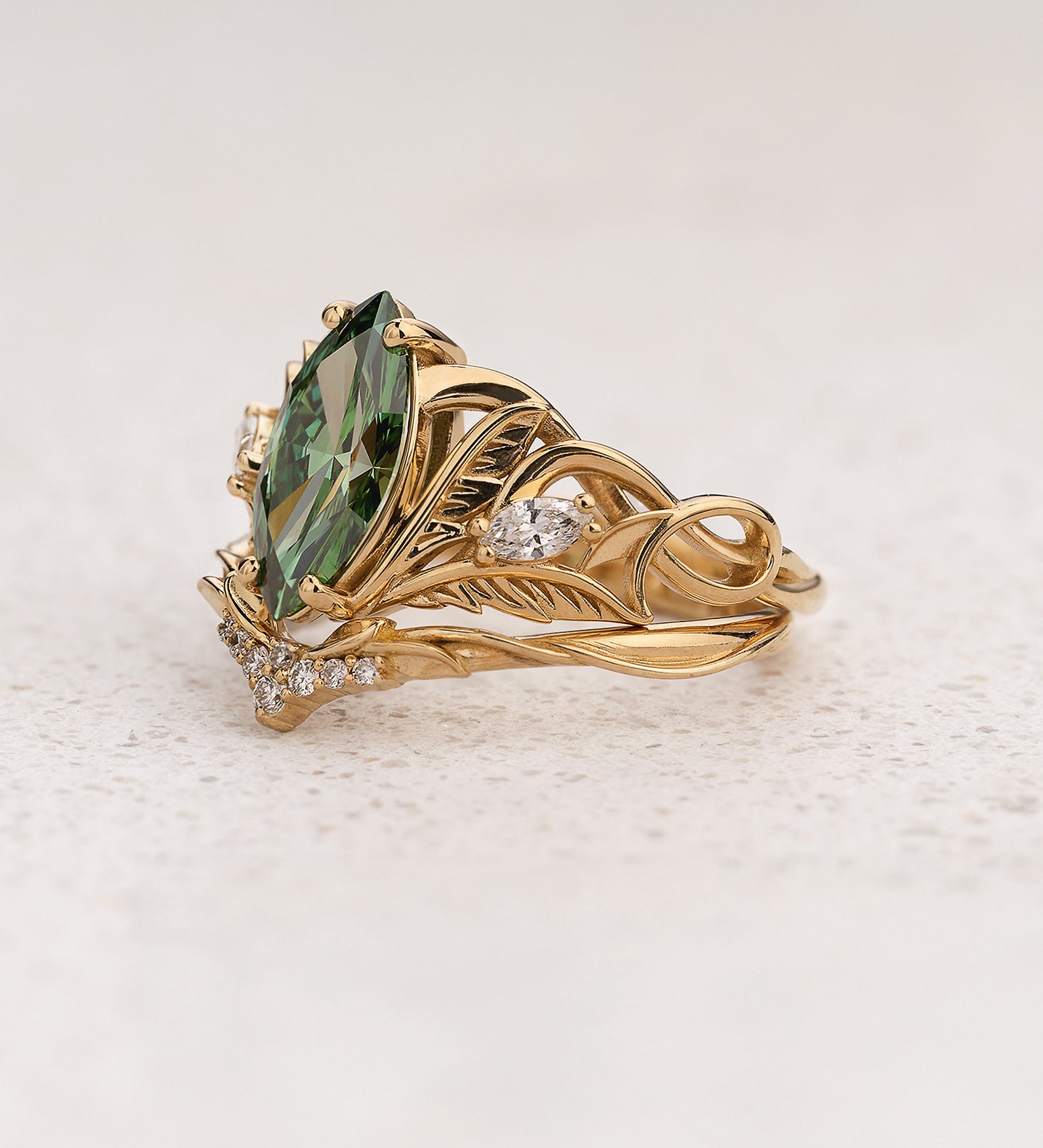 Bridal Set with Marquise Fancy Vivid Green Diamond (Lab-Grown) in Nature Style / Ikar - Eden Garden Jewelry™