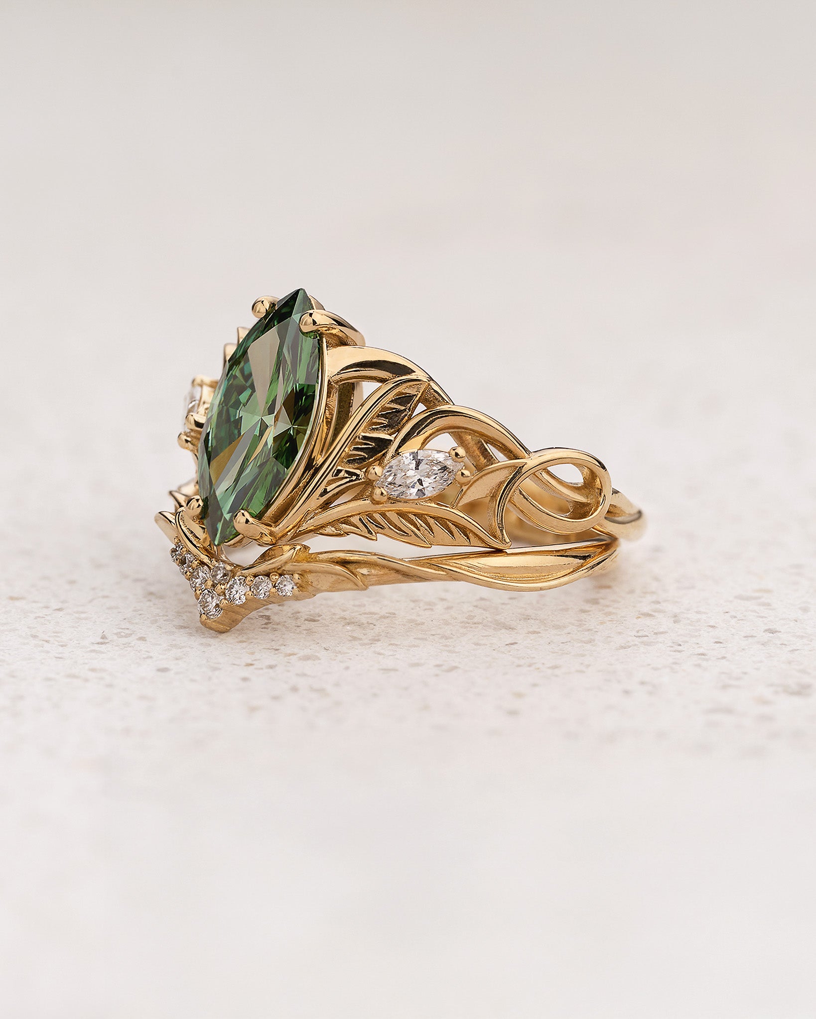 Bridal Set with Marquise Fancy Vivid Green Diamond (Lab-Grown) in Nature Style / Ikar - Eden Garden Jewelry™