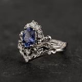 Natural blue sapphire bridal set, baroque inspired gold engagement ring set with diamonds / Sophie - Eden Garden Jewelry™
