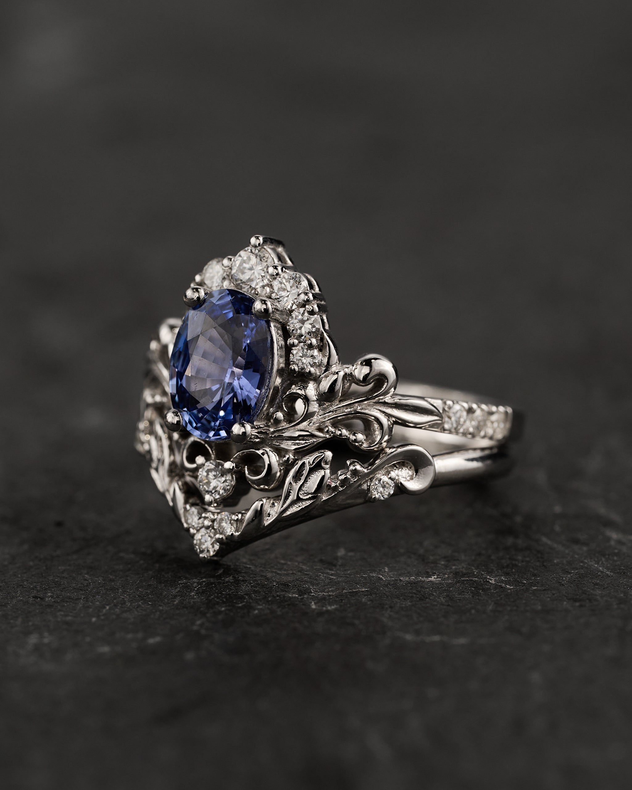 Natural blue sapphire bridal set, baroque inspired gold engagement ring set with diamonds / Sophie - Eden Garden Jewelry™