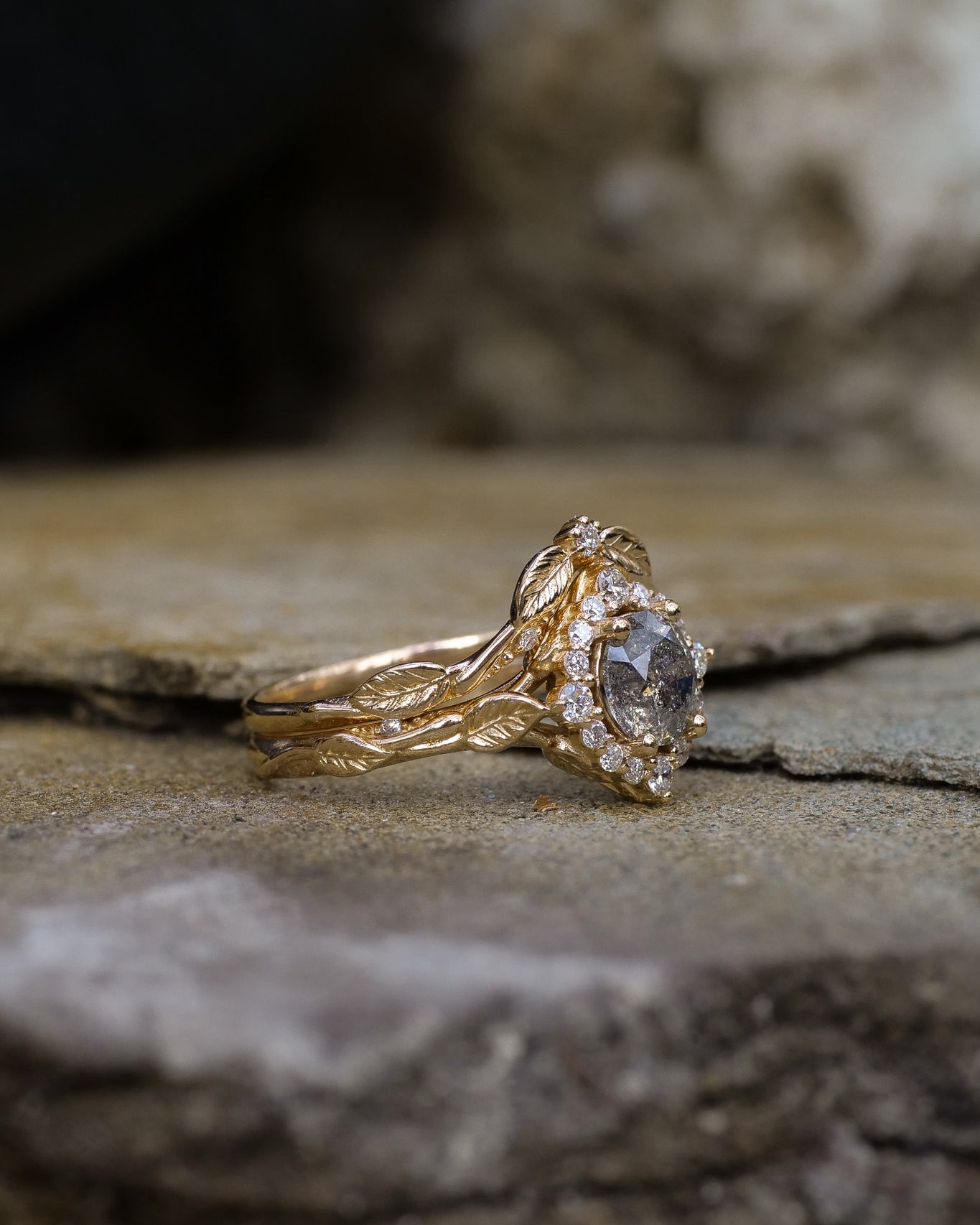 Salt & pepper diamond halo bridal set in rose vine design / Florentina - Eden Garden Jewelry™