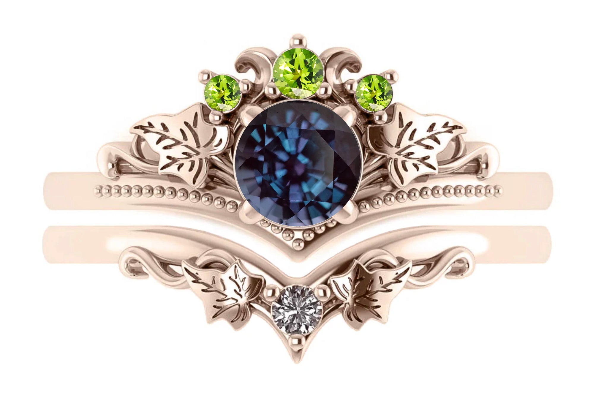 Custom order: Ariadne bridal ring set with alexandrite, peridots and a diamond - Eden Garden Jewelry™