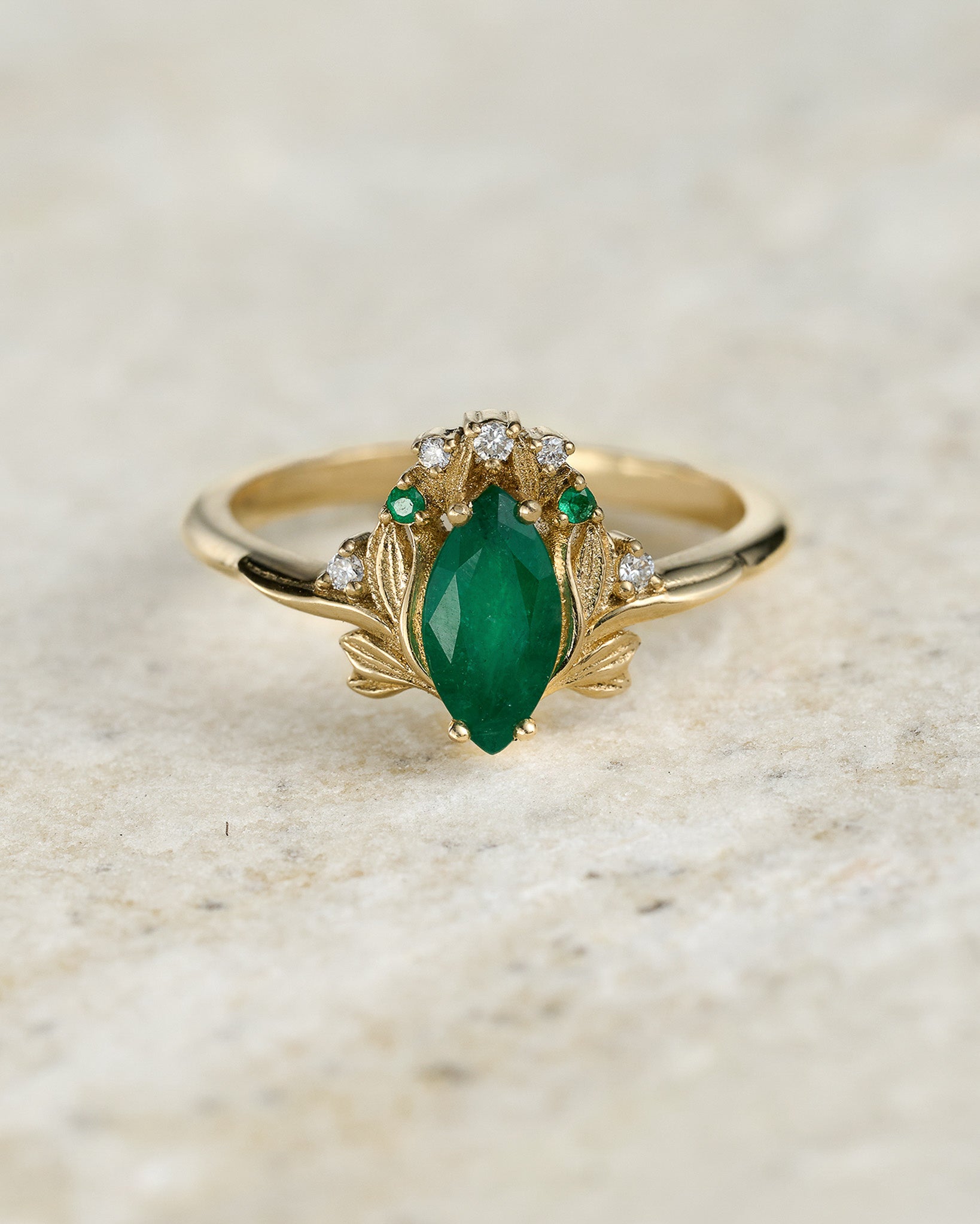 Flower design bridal set with natural emerald, accent emeralds and diamonds / Iris - Eden Garden Jewelry™