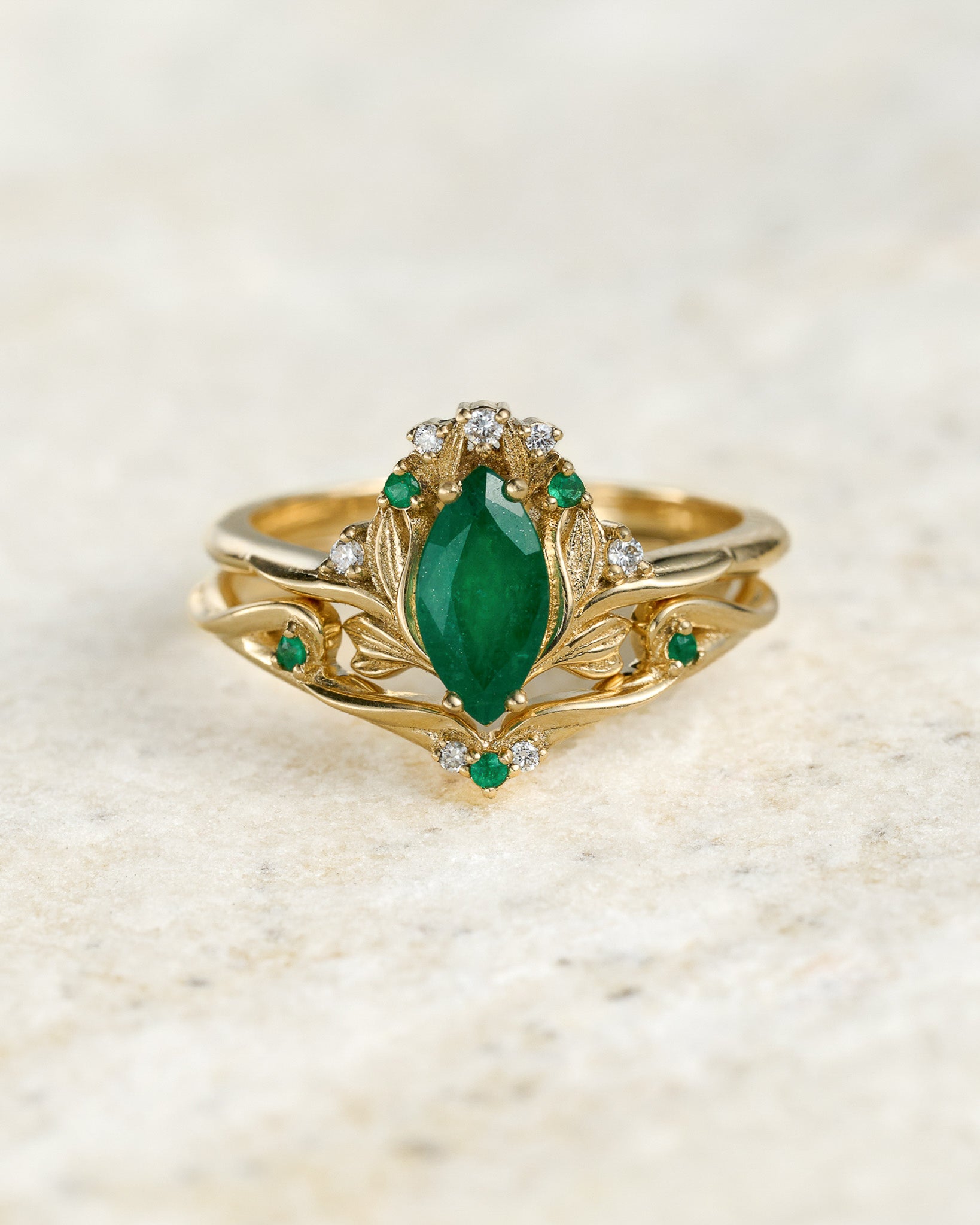 READY TO SHIP: Iris bridal set in 14K yellow gold with natural emerald, accent emeralds and diamonds, AVAILABLE RING SIZES: 5.5 - 8.5 US - Eden Garden Jewelry™