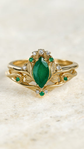 Flower design bridal set with natural emerald, accent emeralds and diamonds / Iris - Eden Garden Jewelry™