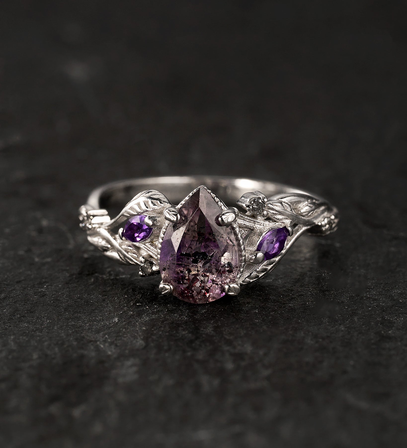 READY TO SHIP: Patricia ring in 14K white gold, melody quartz 9x6mm, accent amethysts & diamonds, AVAILABLE RING SIZES: 5.5 - 8.5 US - Eden Garden Jewelry™