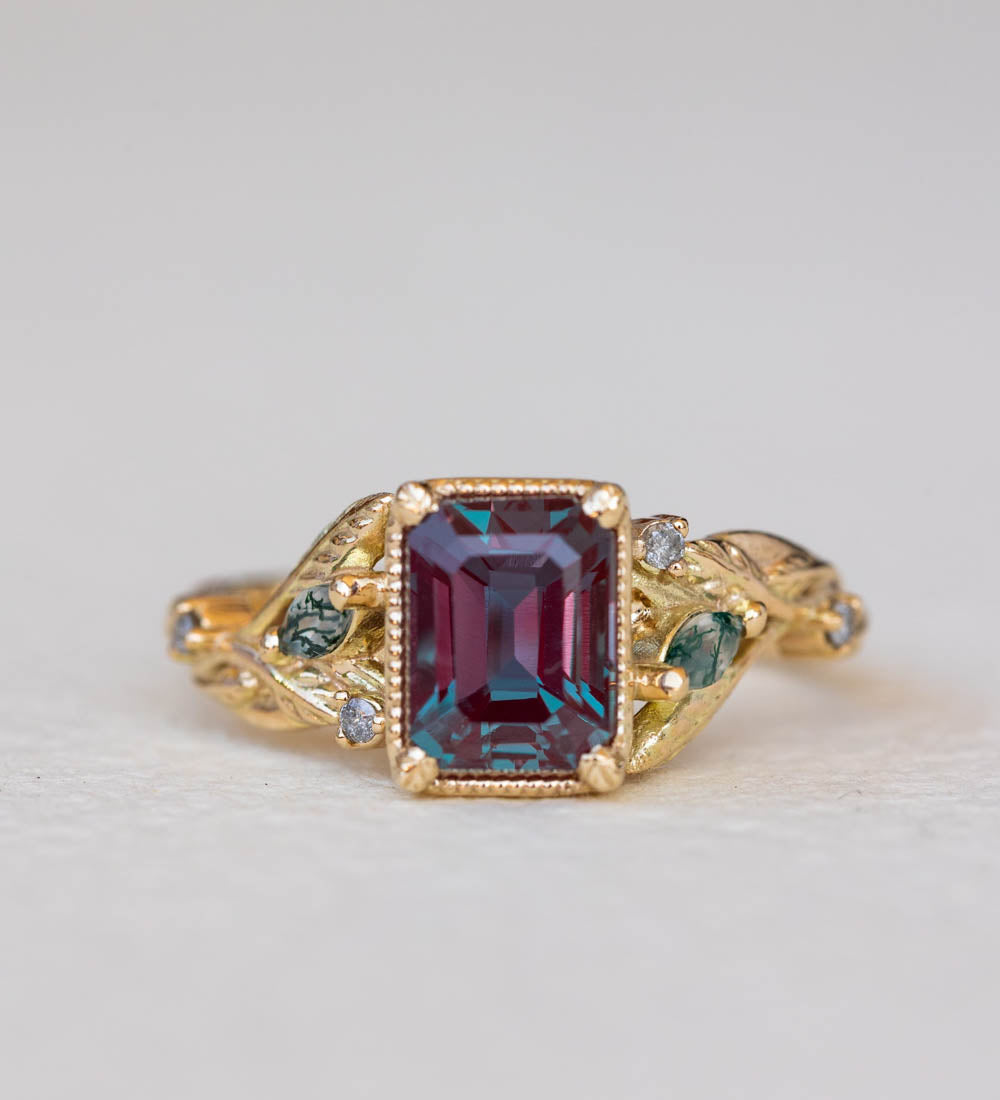 READY TO SHIP: Patricia ring in 14K yellow gold, lab alexandrite emerald cut 8x6 mm, accent moss agates and salt&pepper diamonds, AVAILABLE RING SIZES: 6-8US - Eden Garden Jewelry™