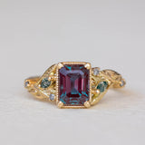 READY TO SHIP: Patricia ring in 14K yellow gold, lab alexandrite emerald cut 8x6 mm, accent moss agates and salt&pepper diamonds, AVAILABLE RING SIZES: 6-8US - Eden Garden Jewelry™