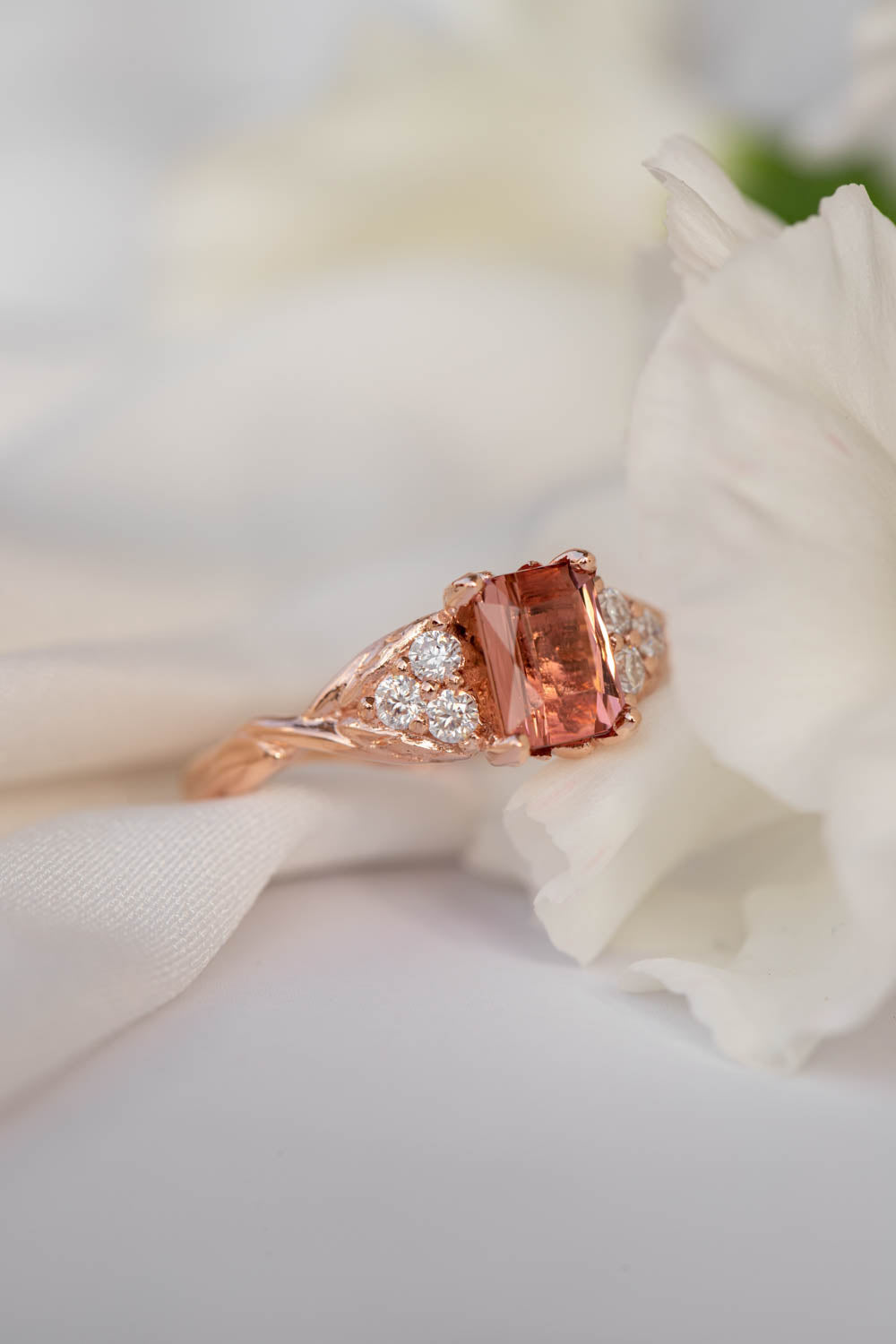 Pink tourmaline and diamonds engagement ring, emerald cut gemstone gold ring / Gloria - Eden Garden Jewelry™