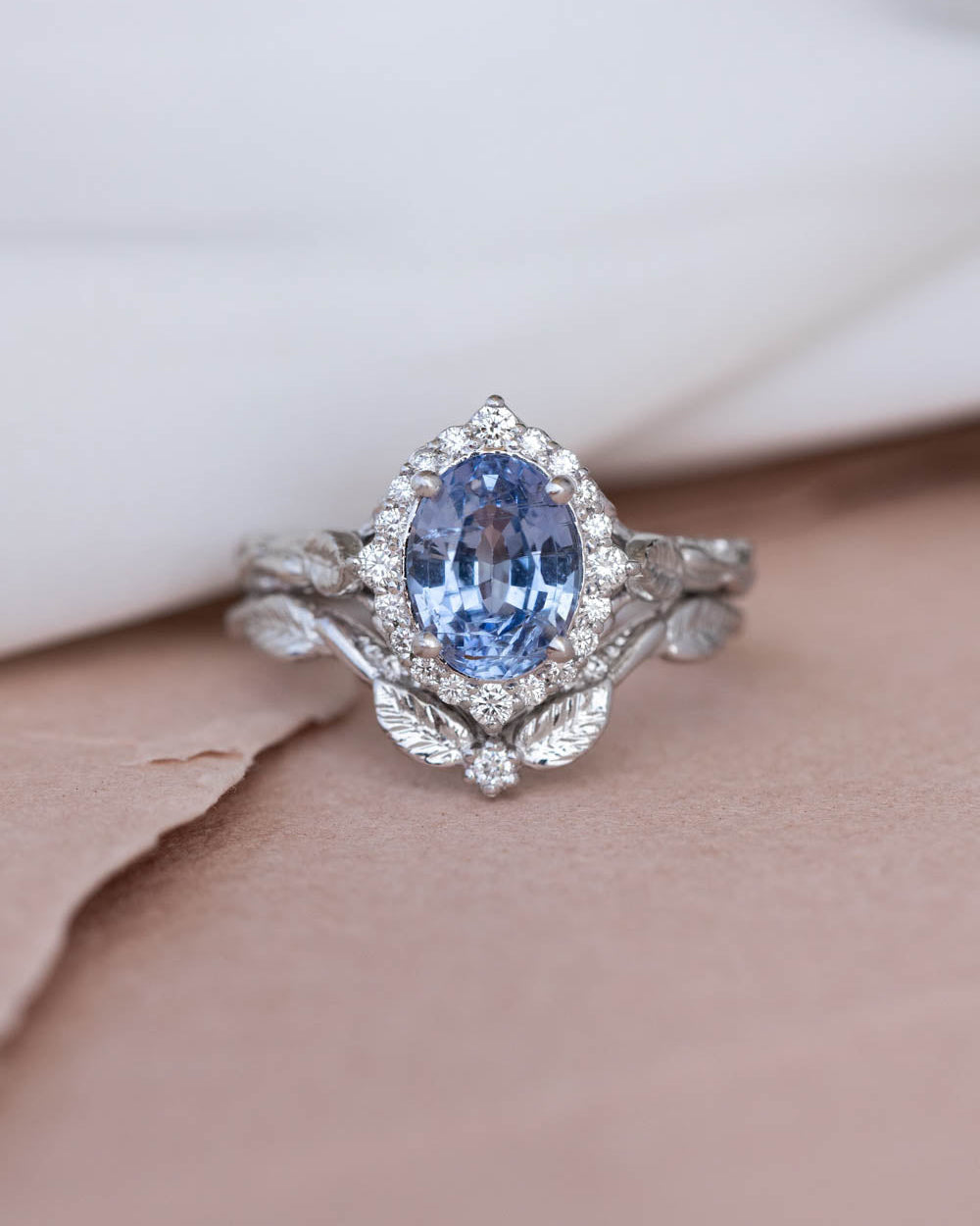 Natural sapphire and diamond halo engagement ring set, gorgeous bridal ring set with diamonds / Florentina - Eden Garden Jewelry™