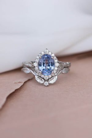 Natural sapphire and diamond halo engagement ring set, gorgeous bridal ring set with diamonds / Florentina - Eden Garden Jewelry™