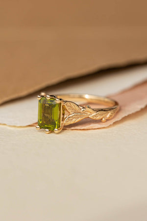 Emerald cut peridot bridal ring set, gold leaves engagement and wedding rings / Freesia - Eden Garden Jewelry™