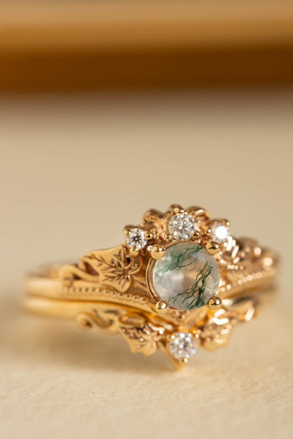 READY TO SHIP: Ariadne bridal ring set in 14K yellow gold, natural moss agate 5 mm, moissanites, RING SIZE - 6 US - Eden Garden Jewelry™