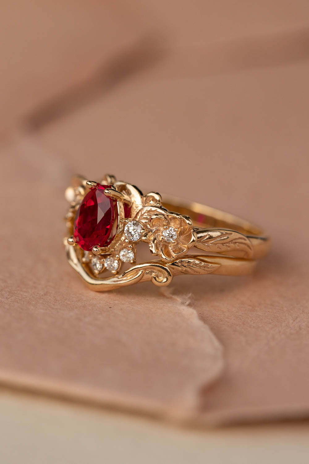 Lab ruby bridal ring set with diamond crown, unique flower engagement ring set / Adelina - Eden Garden Jewelry™