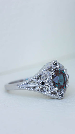 Alexandrite and black diamonds anniversary ring, white gold stars engagement ring - Eden Garden Jewelry™