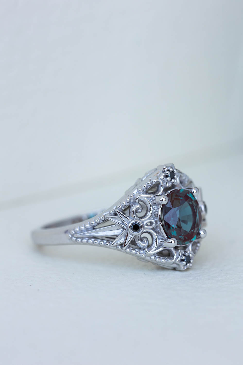 Alexandrite and black diamonds anniversary ring, white gold stars engagement ring - Eden Garden Jewelry™