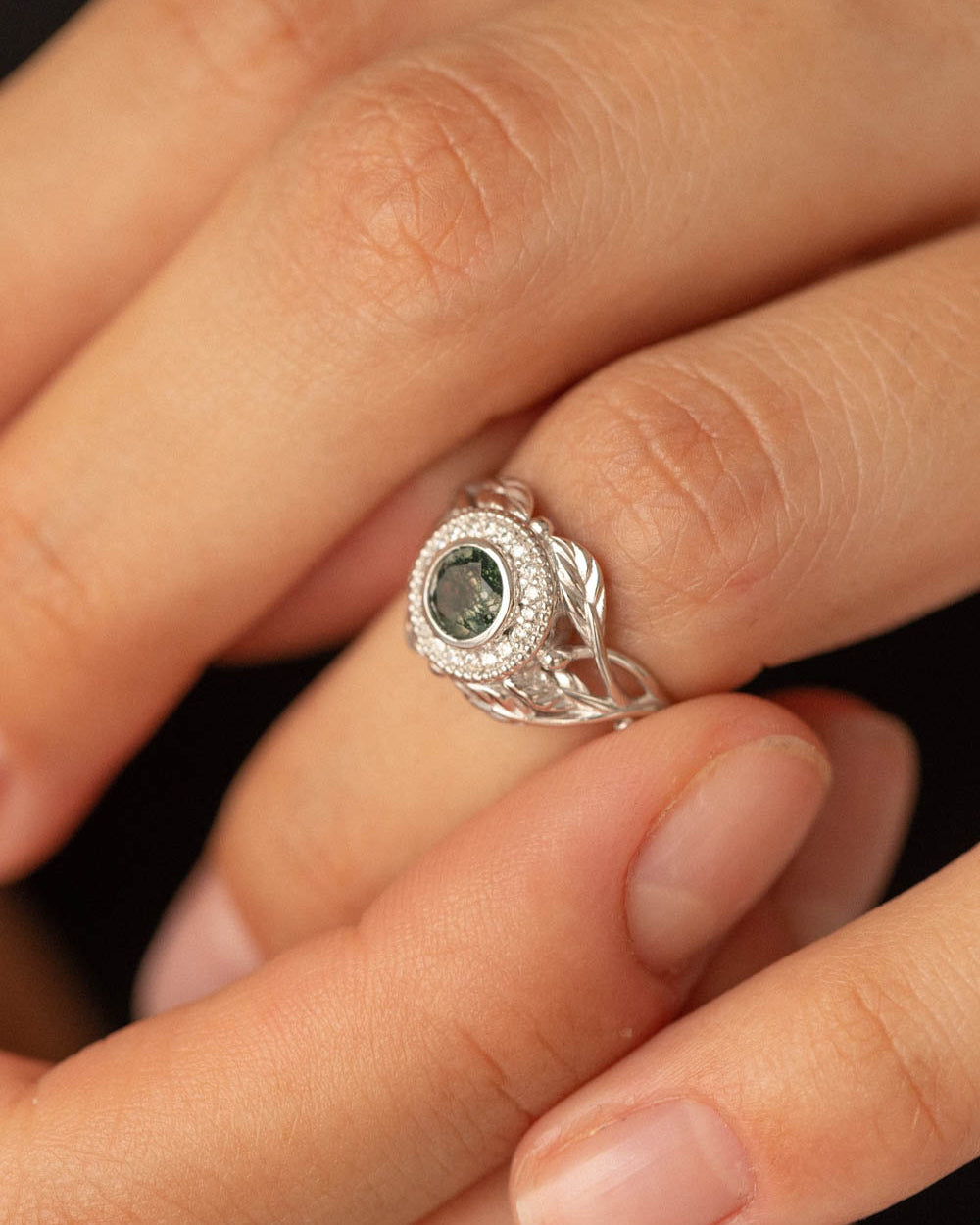 Moss agate and diamond halo engagement ring, nature themed gold branch ring  / Tilia halo - Eden Garden Jewelry™